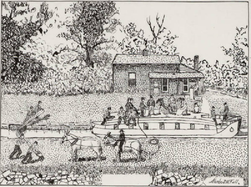 Historische Zeichnung eines Kanalboots