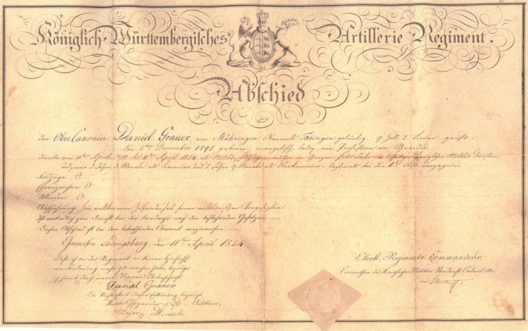Entlassungsurkunde des Auwanderers Daniel Grauer aus den Köngilich-Württembergischen Artillerie Regiment